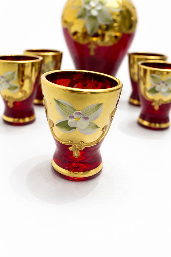 Image 1 of SIGNED MURANO "Tre Fuochi" Liqueur Set – Ruby Red & 24K Gold – Hand-Painted Flowers – 7 Pieces – Vintage Italy
