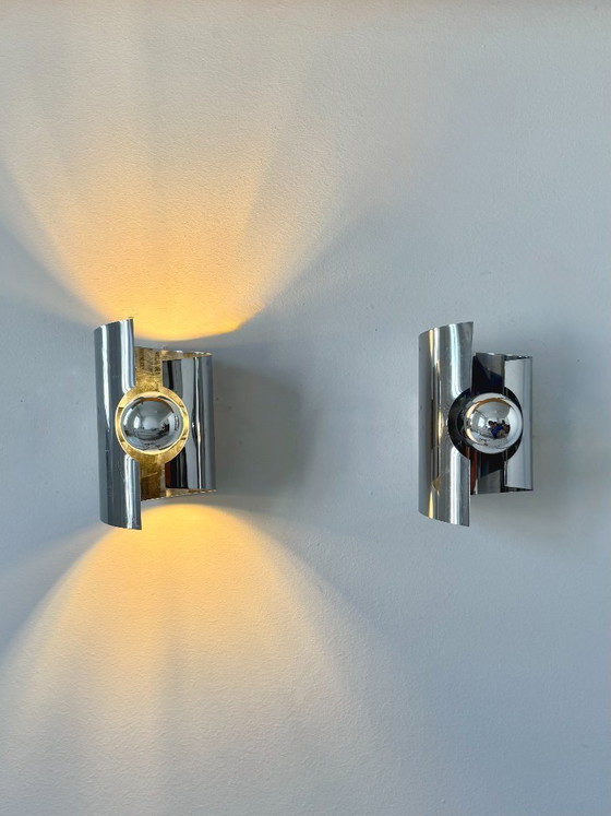Image 1 of Pair of vintage wall lights, curved chrome-plated metal, France, 1970