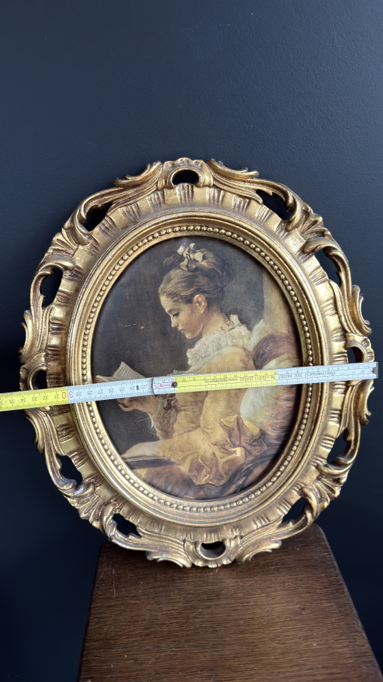 Prachtige vintage ovale lijst met reproductie – Fragonard – La Liseuse / Young Girl Reading (photo 4 of 5)