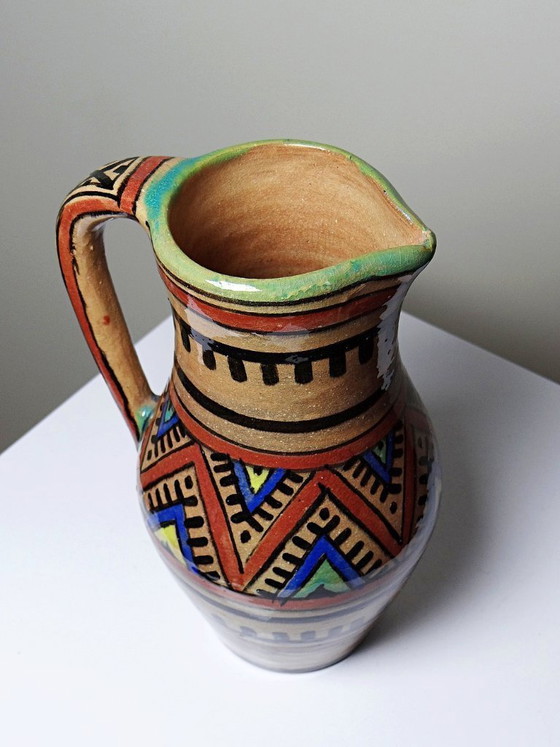 Image 1 of Small Moroccan glazed terracotta pitcher, signed, Berber decoration, 20th century