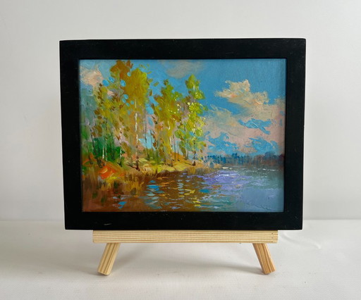 Original Oil Painting Autumn River Landscape Reflection of autumn in the river