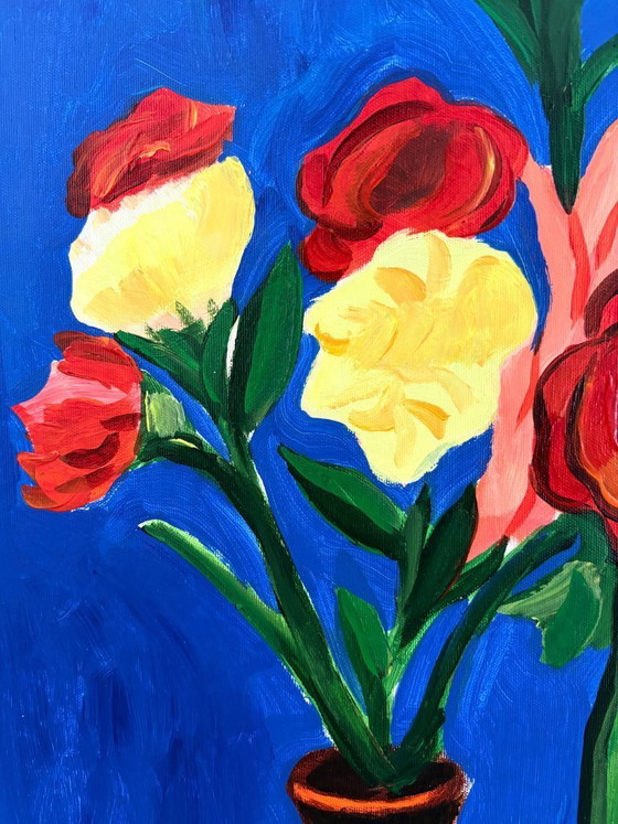 Image 1 of Acrylic painting by the artist E. García "Bodegón con fondo azul" 100x70 cm
