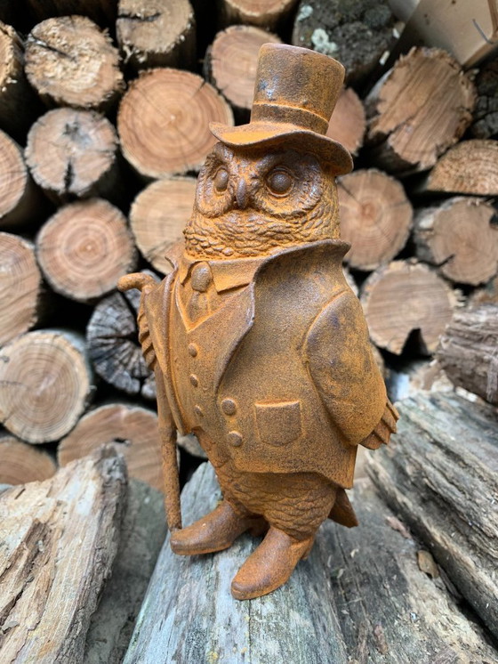 Image 1 of Owl in Costume with Walking Stick and Hat Statue Made of Cast Iron