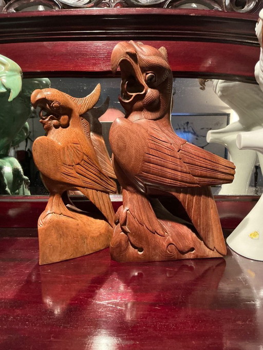 2 Papageien, indonesische Holzschnitzerei, 1930