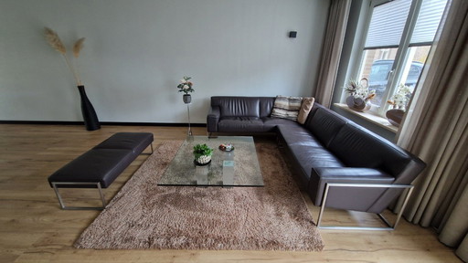 Leolux Leather Seating Area - Corner Sofa, Stool, Coffee Table, Rug