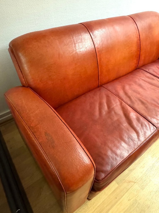 Image 1 of Brocantique Jacques Adnet Art Deco Set: Leren bank, fauteuil en poef
