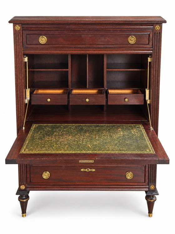 Louis XVI Style Mahogany Drop-Front Secretary Desk – Leather, Wood (photo 2 of 8)