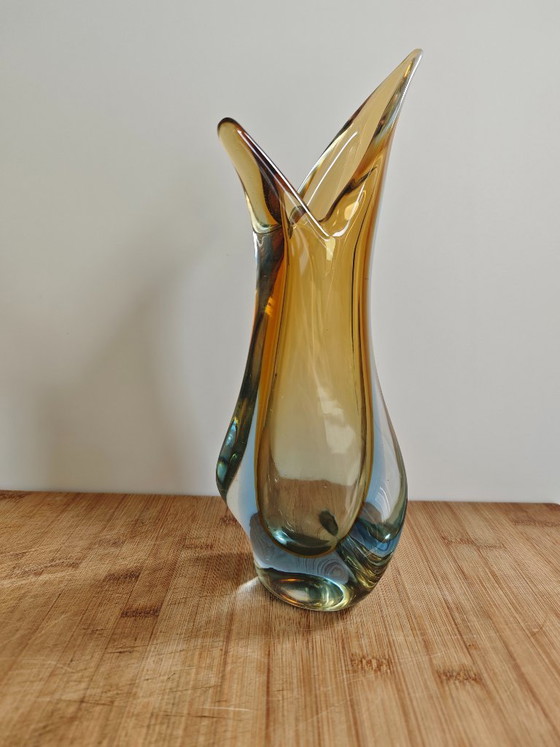 Image 1 of Vintage mouth-blown glass sculptural vase — amber/topaz to smoky blue — Murano style