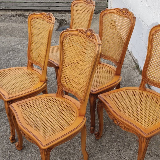 Set Of 5 French Vintage Cane Dining Chairs - 5 Big Cherry Wood Cottage Chairs - Style Louis XV - 80s – Rattan (photo 5 of 19)
