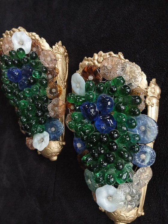 Image 1 of Murano-Wandleuchten – farbige Trauben, Glasrosette, bronzene Seeanemone