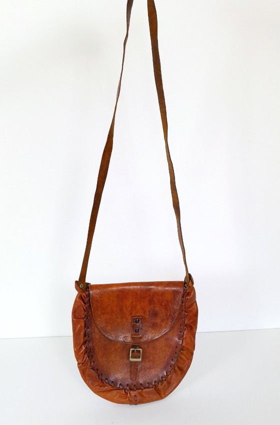 Image 1 of Vintage handtas van bruin leer met reliëf: handgemaakte boho schoudertas