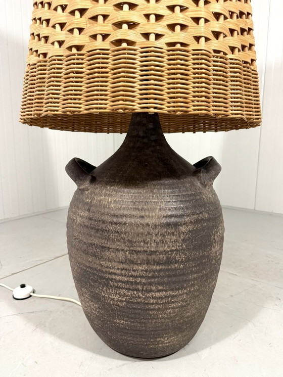 Image 1 of Large pottery floor lamp with rattan shade 1960's