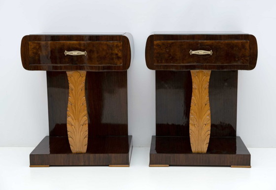 Image 1 of Paar Art Deco Italiaanse nachtkastjes van notenhout en esdoornhout, jaren 20