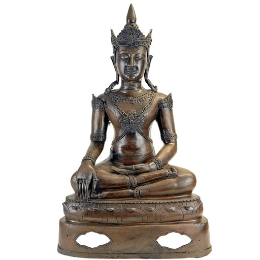 Monumentale Antieke Thaise Gekroonde Boeddha – Rattanakosin 19e Eeuw – 81 cm