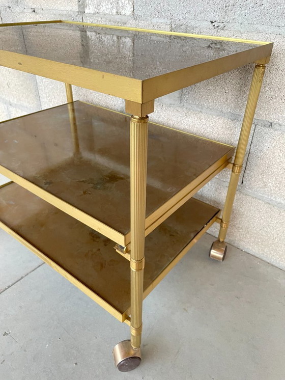 Image 1 of Vintage serving cart in gilded brass and glass on casters, 1960s-1970s