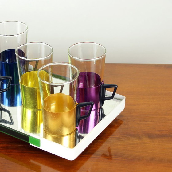 Image 1 of Set Of Colorful Drinking Glasses With A Tray, Czechoslovakia 1960s