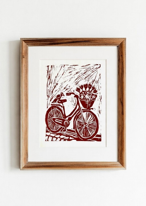 Impresión en linóleo de una bicicleta en Ámsterdam | A4, arte mural, decoración del hogar, papel hecho a mano