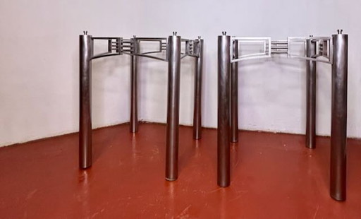 Stainless steel design base for glass table – sculptural, timeless design