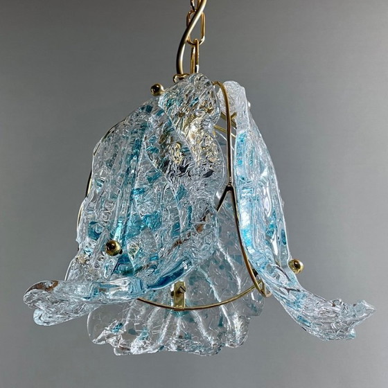 Image 1 of 1990s Murano glass pendant light three leaves with blue glass shards. New old stock. Never used.