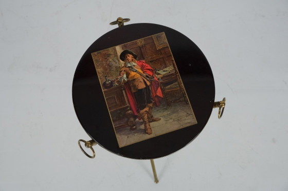 Image 1 of Small Italian brass and wood tripod coffee table from 50s