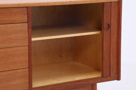 Image 1 of Vintage teak sideboard 60s | Mid - Century sideboard with drawers & slatted doors retro wood storage #08-22