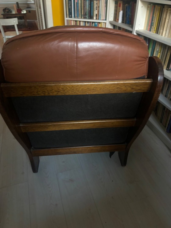 Image 1 of Chaise longue en cuir et chêne au design brutaliste 1970