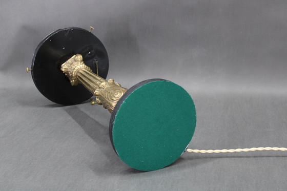 Image 1 of 1940s Restored Brass Table Lamp with Wooden Base and Glass Shade