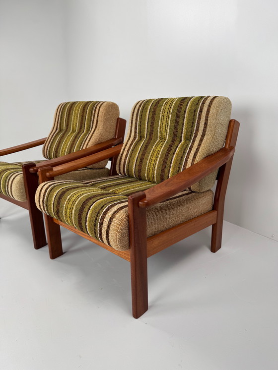 Image 1 of Pair of Danish easy chairs – teak frame with original striped upholstery