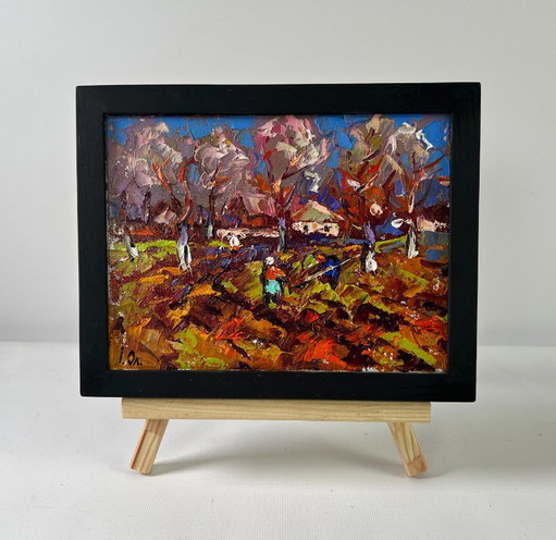 Original Oil Painting Autumn Village Landscape Waking garden beds