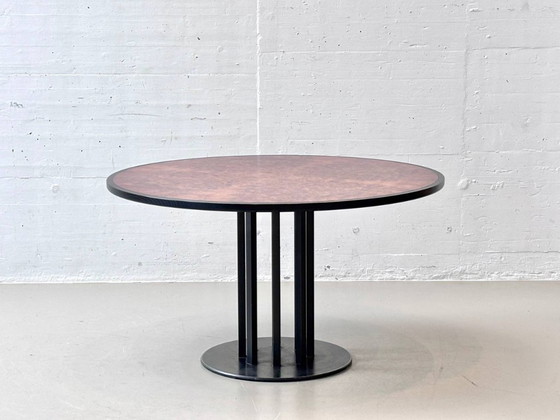 Image 1 of Round designer dining table made of thuja root veneer and steel, 1980s