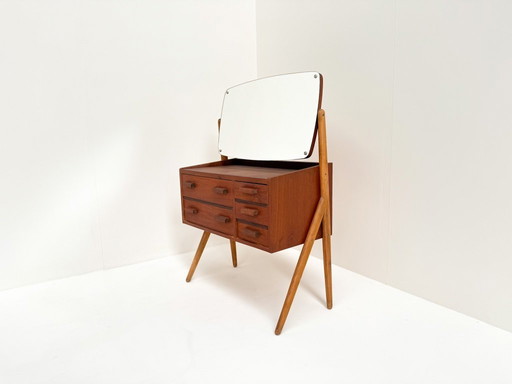 Mid-Century Vanity Table with Mirror, 1950s Danish Modern Teak Dressing Table
