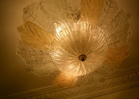 Image 1 of Grand lustre en verre de Murano en forme de feuille, plafonnier vintage italien, verre ambré transparent, luminaires de Murano d