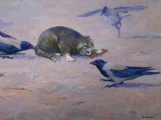 Original Oil Painting Animals Cat Birds Raven Strategy – Paintings & Drawings, Canvas (photo 4 of 8)