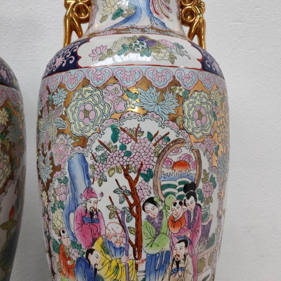 Set Large Vintage Oriental Vases Baluster Vases, Canton Porcelain (photo 6 of 17)