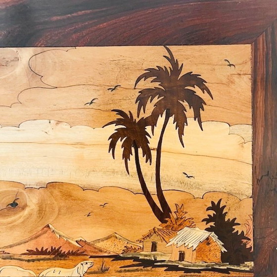 Image 1 of Vintage Native American wood inlay landscape shepherd village life marquetry 45 cm 1940s