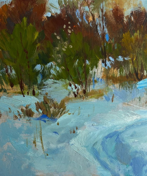 Image 1 of Original Oil Painting Snowy Trees Landscape Path in the winter forest