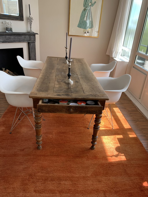 French Cherry Table With 4 Vitra Eames DAR Chairs With Arm White And Chrome Base