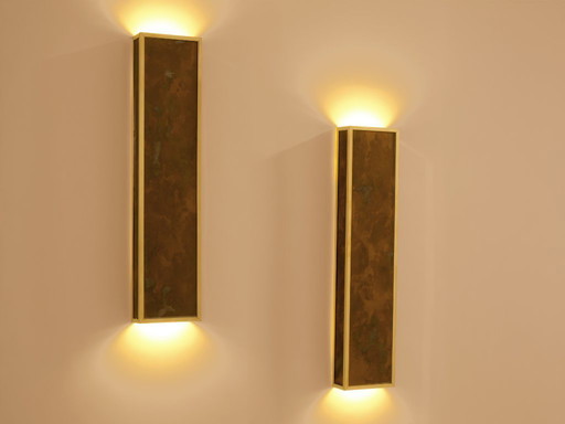 Maison Jansen pair of brass and decorative glass wall lights 1970