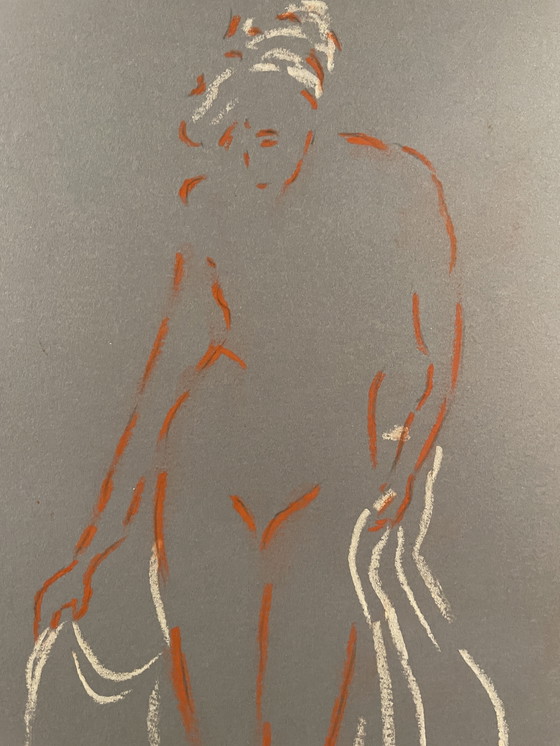 Image 1 of Tableau Signé Sanguine Pastel Blanc Papier Bleu Denim Portrait Femme Bains