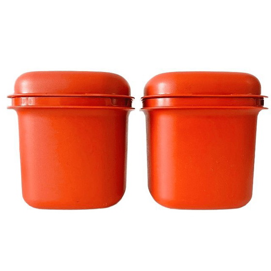 Image 1 of Vintage Tupperware set zes oogstkleur oranje roestbruine kommen opbergbakjes vershoudbakjes 1970's