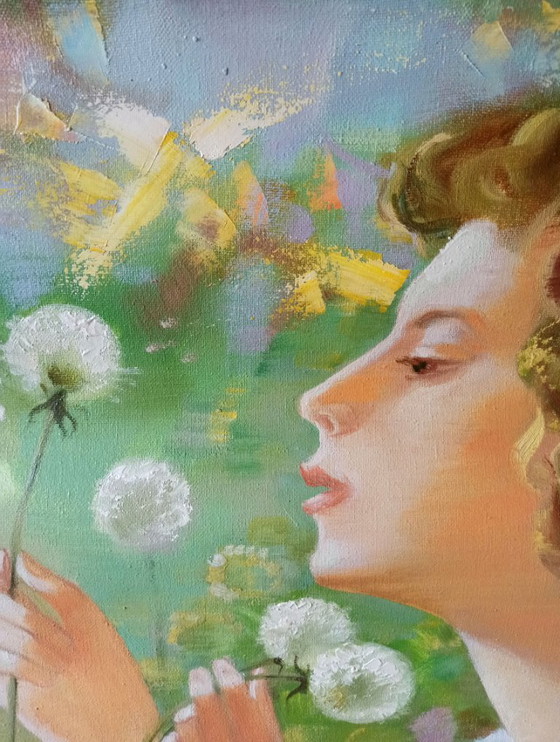 Original Oil Painting Abstract Figurative Girl Meadow Dandelions – Paintings & Drawings, Canvas (photo 4 of 12)