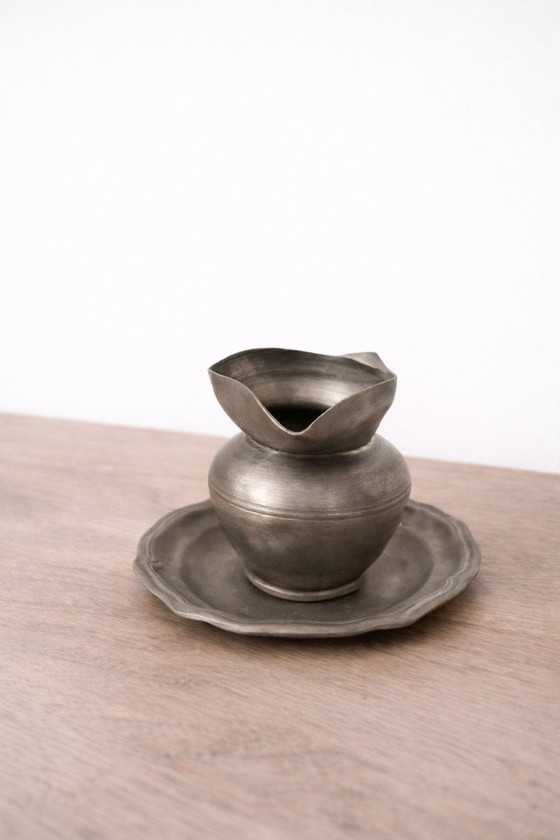 Image 1 of Small antique pewter pitcher with handle – Pitcher and tray set – Antique tableware