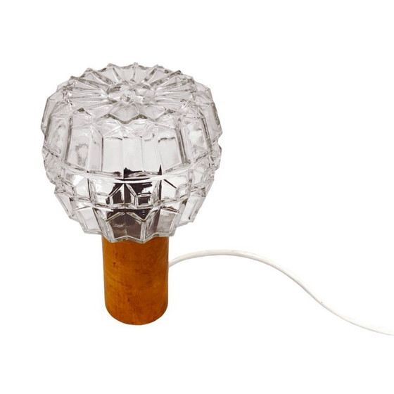 Image 1 of AKA Leuchten – vintage pressed glass and wood bedside lamp, Germany, 1970s.