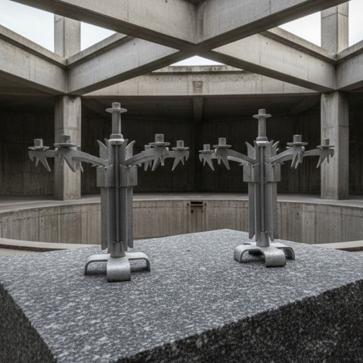 Set van 2 unieke grote vintage brutalistische aluminium kandelaars — toegeschreven aan Helmut Schluter — 7 kaarsen — Duitsland 