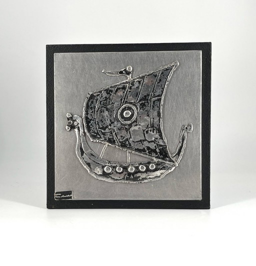 Rare Wall Relief by Sven Lindström – Viking Ship – Pewter on Wood – Scandinavian Mid-Century Design