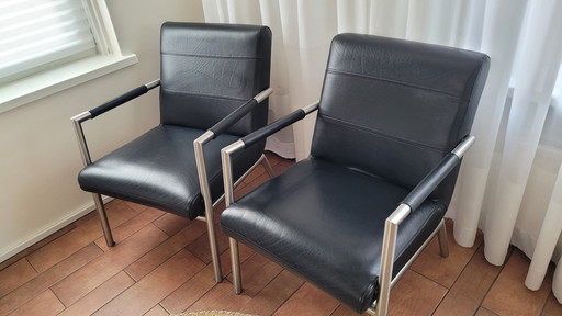 2 sedie/poltrone in acciaio inossidabile e pelle nera