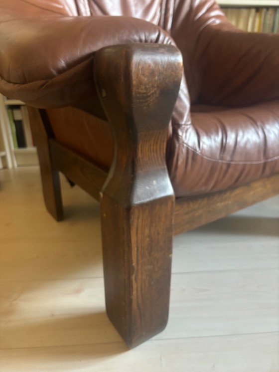 Image 1 of Chaise longue en cuir et chêne au design brutaliste 1970