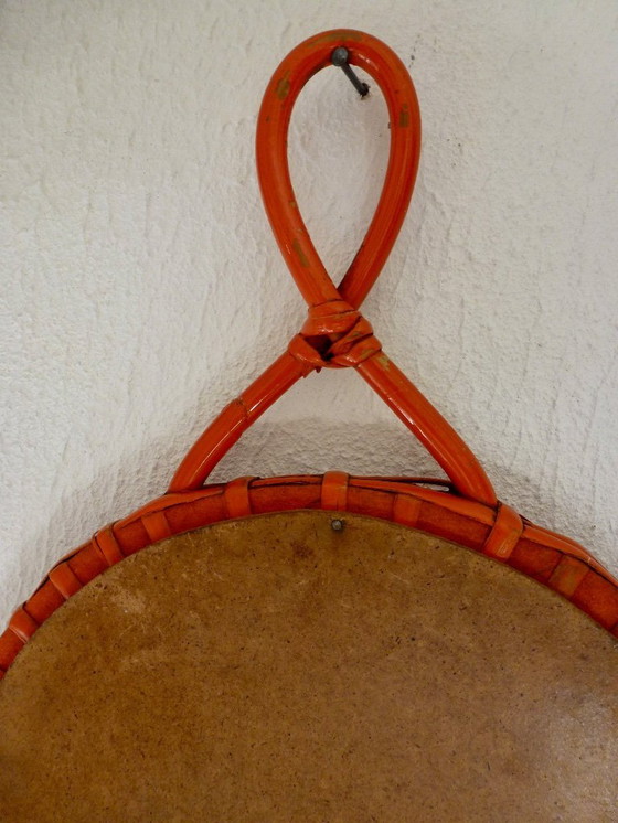 Image 1 of Orange Vintage Retro Wicker Mirror In Heart Shape.