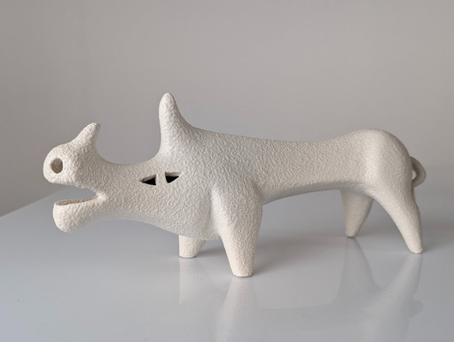 Roberto Rigon Mid-Century Weiße Keramik Nashorn Bildhauerei, Italien 1970er