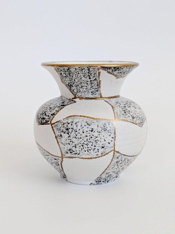 Image 1 of Midcentury Ü-Keramik Vase 1960s West German Pottery, Black and White Geometric Decor Gold Rim